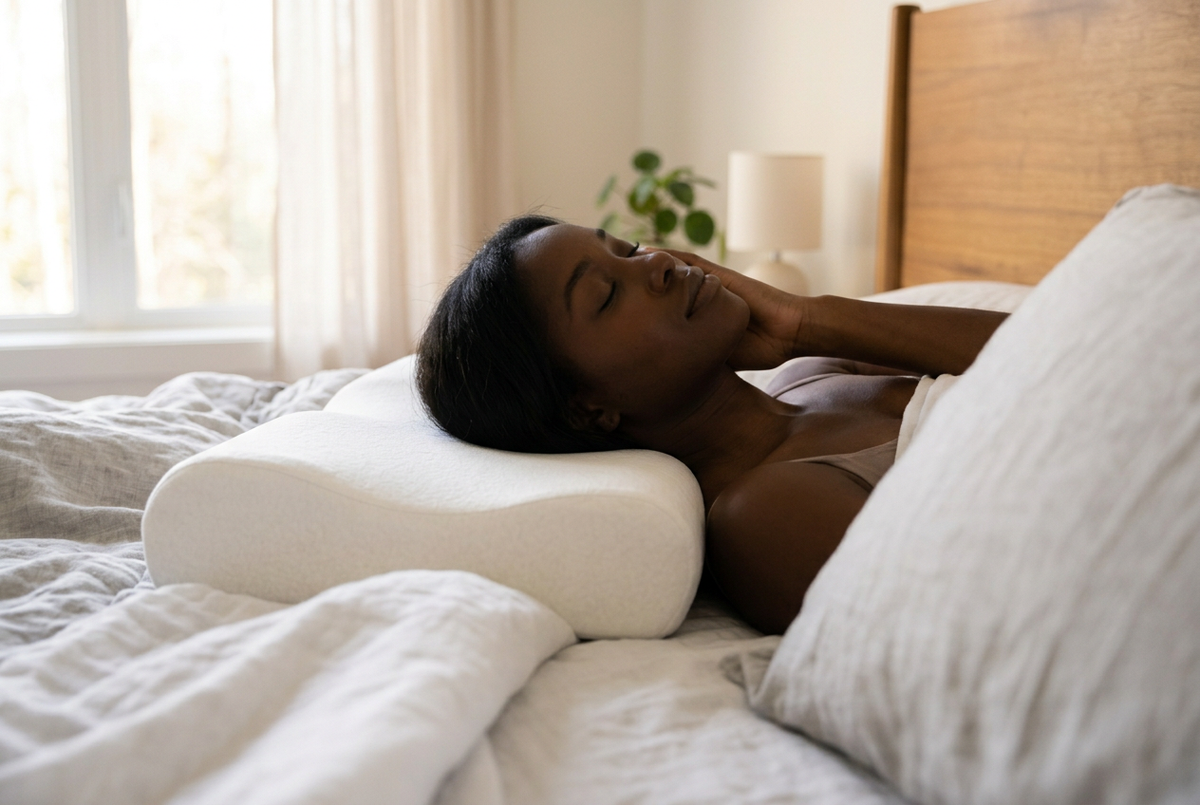 Person sleeping peacefully on cervical memory foam pillow — The Restful Night